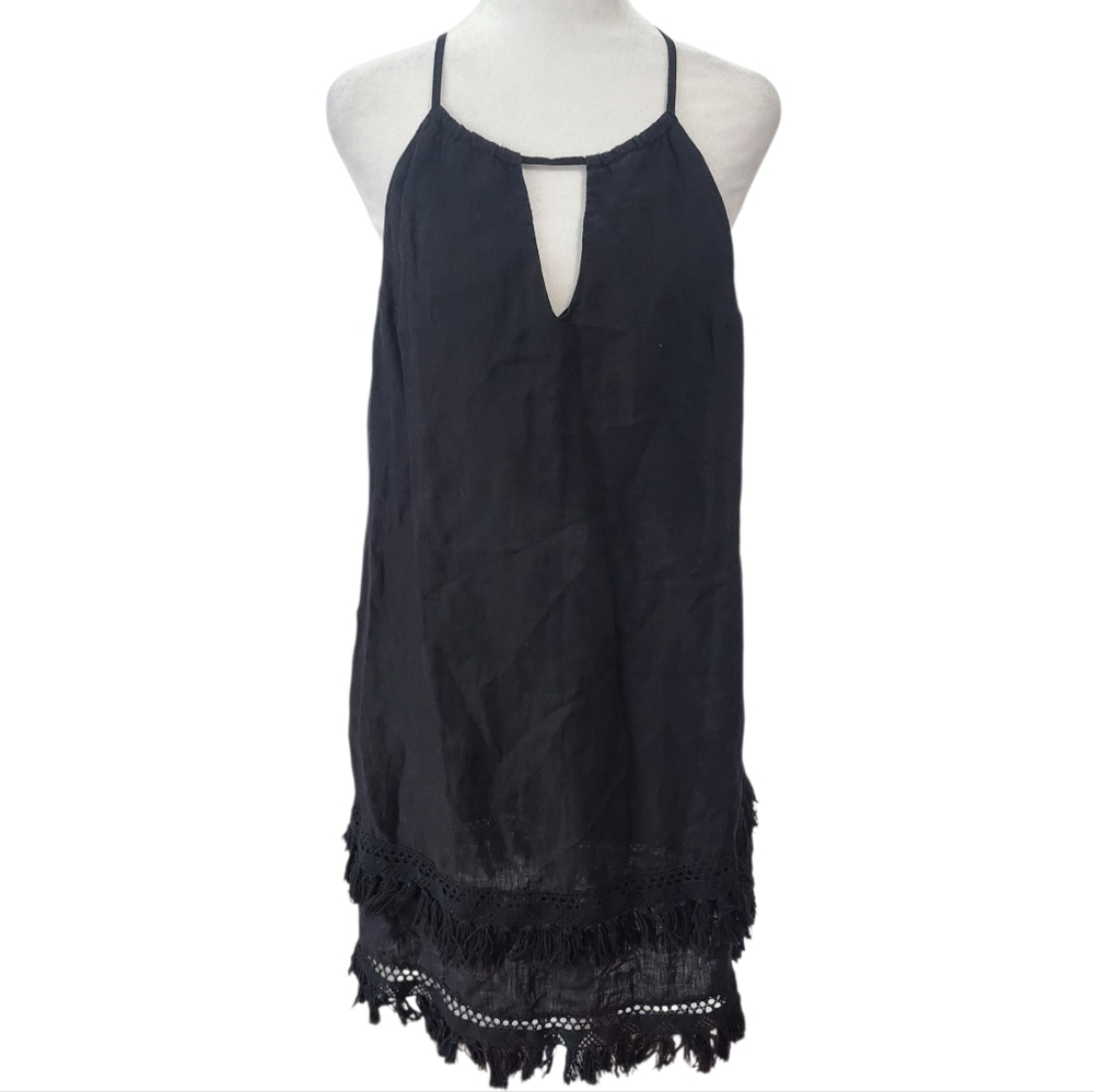 Reformation Keyhile Black Dress Swim Coverup with Tassel Trim